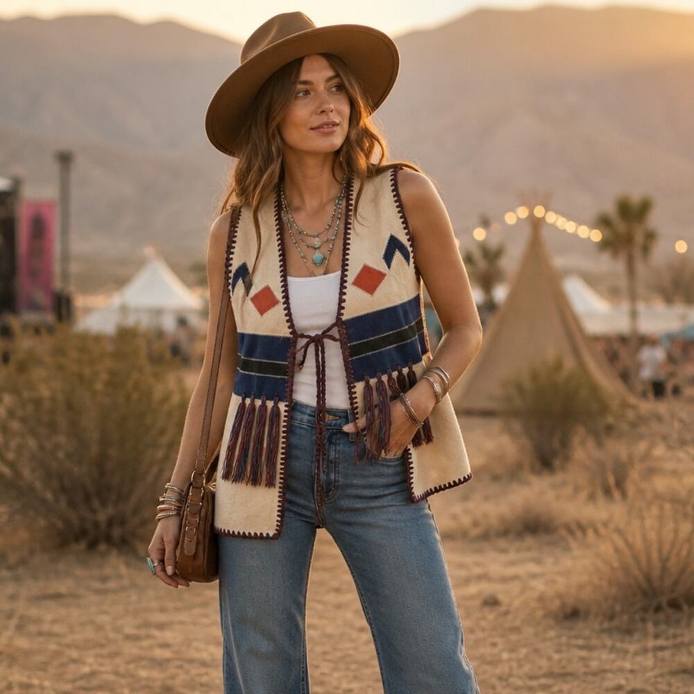 Vintage 70s Collage Leather Fringe Vest Front Tie Western Boho Made in Korea M